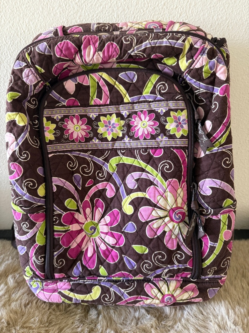 Vera Bradley Brown Floral Quilted Backpack with Pink, Purple & Green Accents